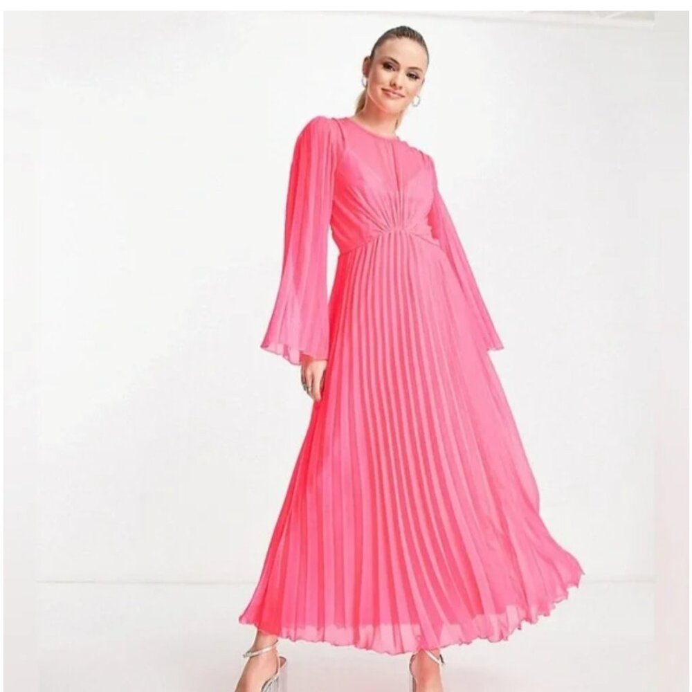 ASOS DESIGN tie back fluted sleeve pleated midi dress in fluro pink NWT